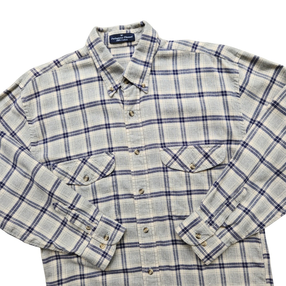 Portuguese Flannel Shirt Men's M/L Chest 42" Gray Plaid Long Sleeve Button Down